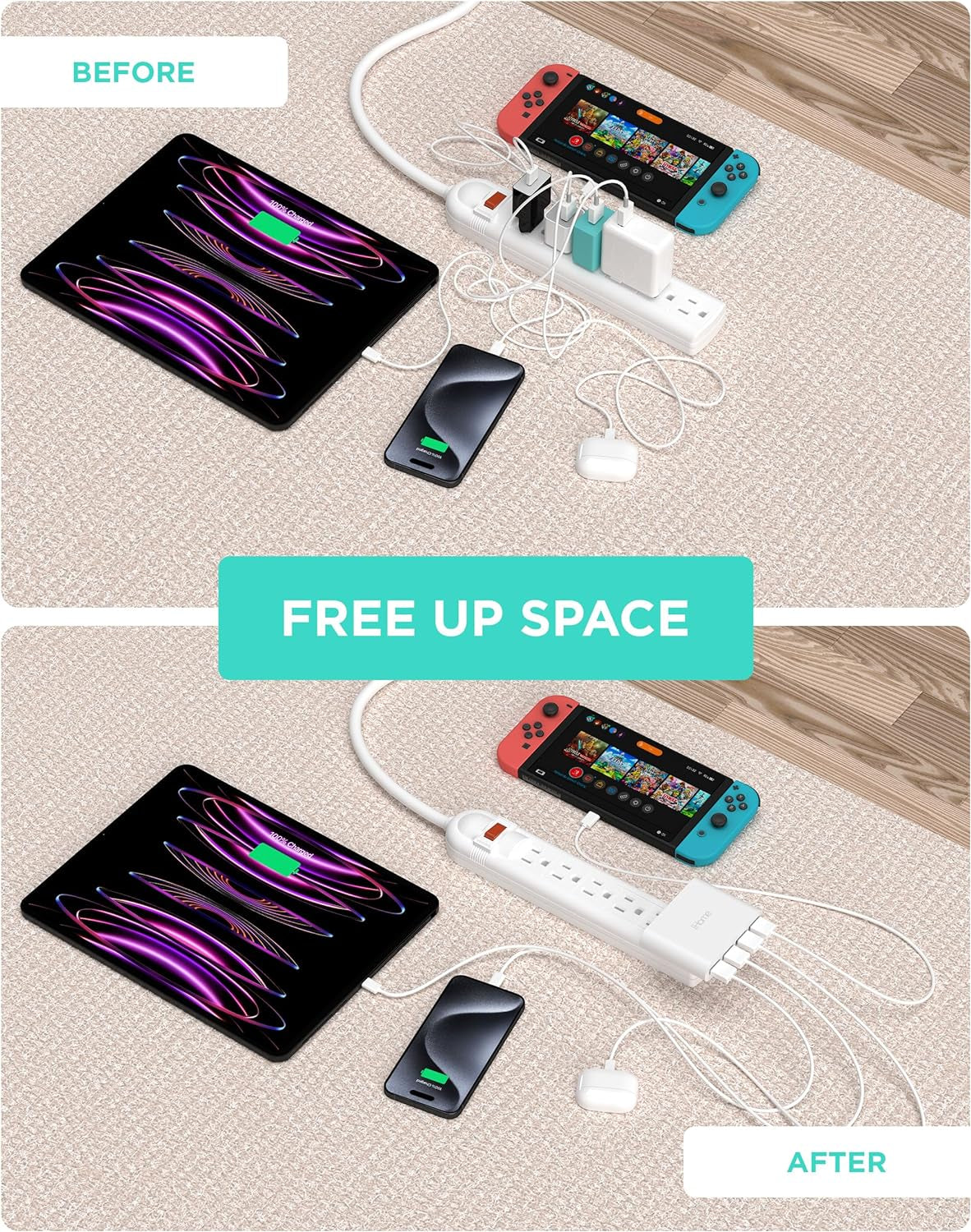 Slim 4-Port USB Wall Charger, AC Pro Multiport Plug Adapter, Phone Charging Block with 4 Ports, Flat USB Wall Adapter for Home & Travel