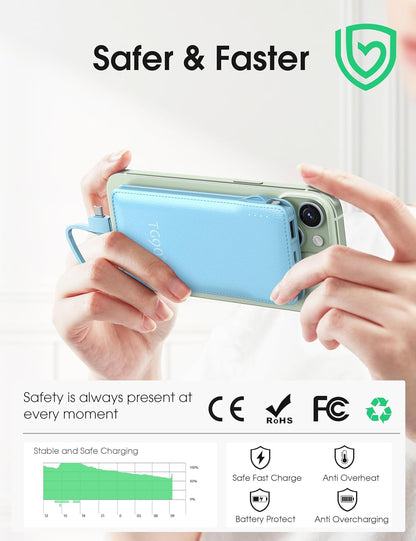 2 Pack 10000Mah Power Bank Built-In Foldable AC Wall Plug and Cables,Ultra Slim Compact Cell Phone Fast Charger,External Battery Pack Compatible with Iphone and Android Devices,Black & Blue