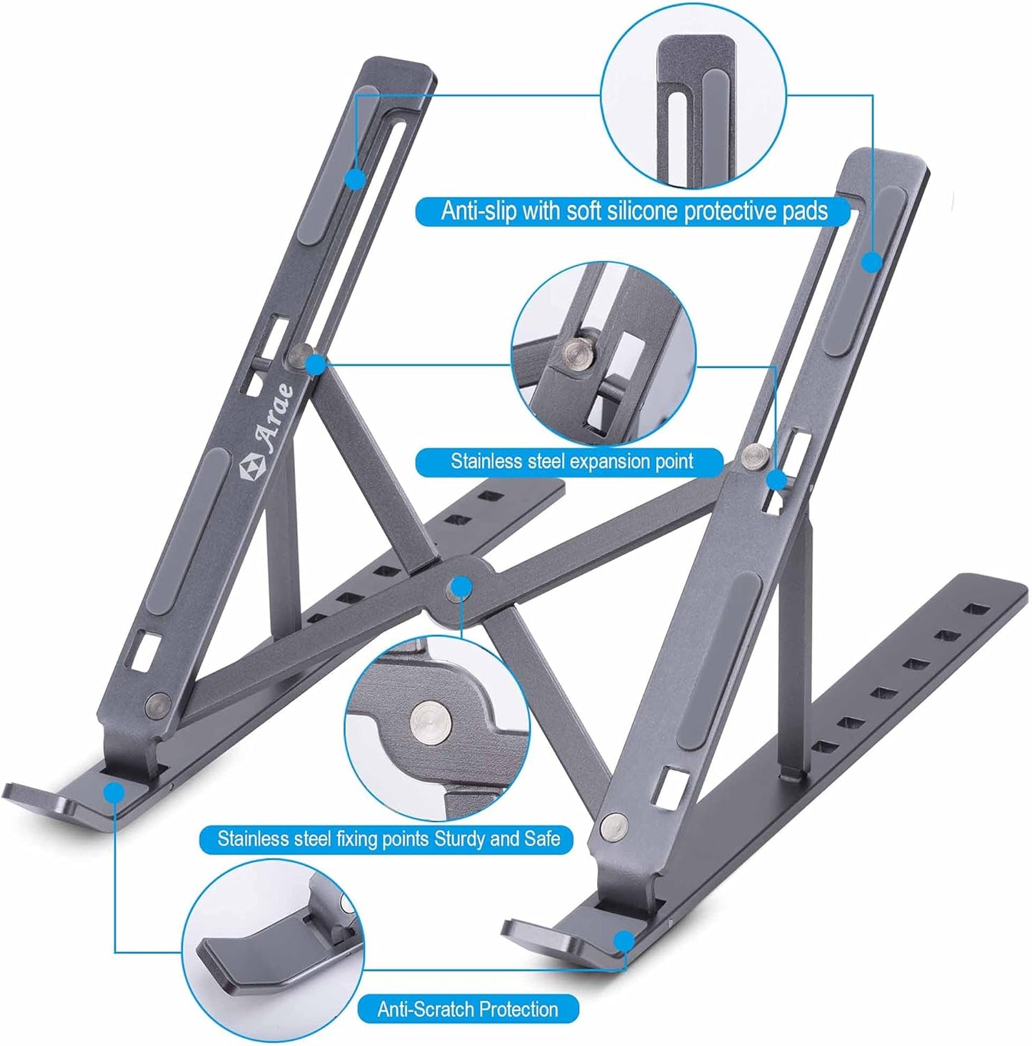 Laptop Stand for Desk, Adjustable Ergonomic Portable Aluminum Laptop Holder, Foldable Computer Stand 6 Angles Anti-Slip Laptop Riser Compatible with 9-15.6 Inch Laptops, Gray